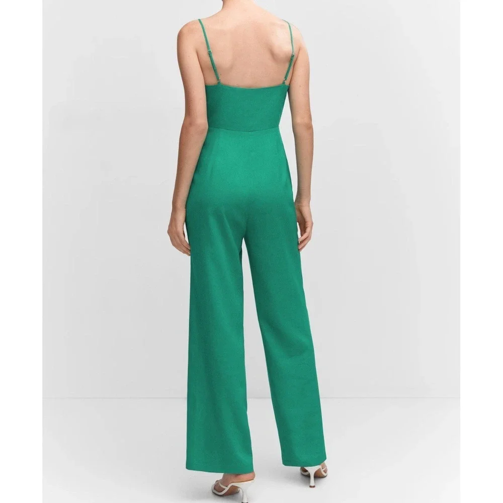 New MNG Mango Kelly Green Bow Linen Blend Jumpsuit Sz Medium (US) Tropical Beach